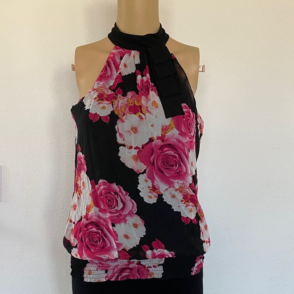 Elegant Floral Halter Top - Black and Pink